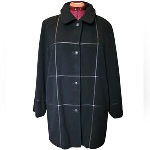 XL Vintage Wool Women's Black Pea Coat Genuine Leather Grid Trim